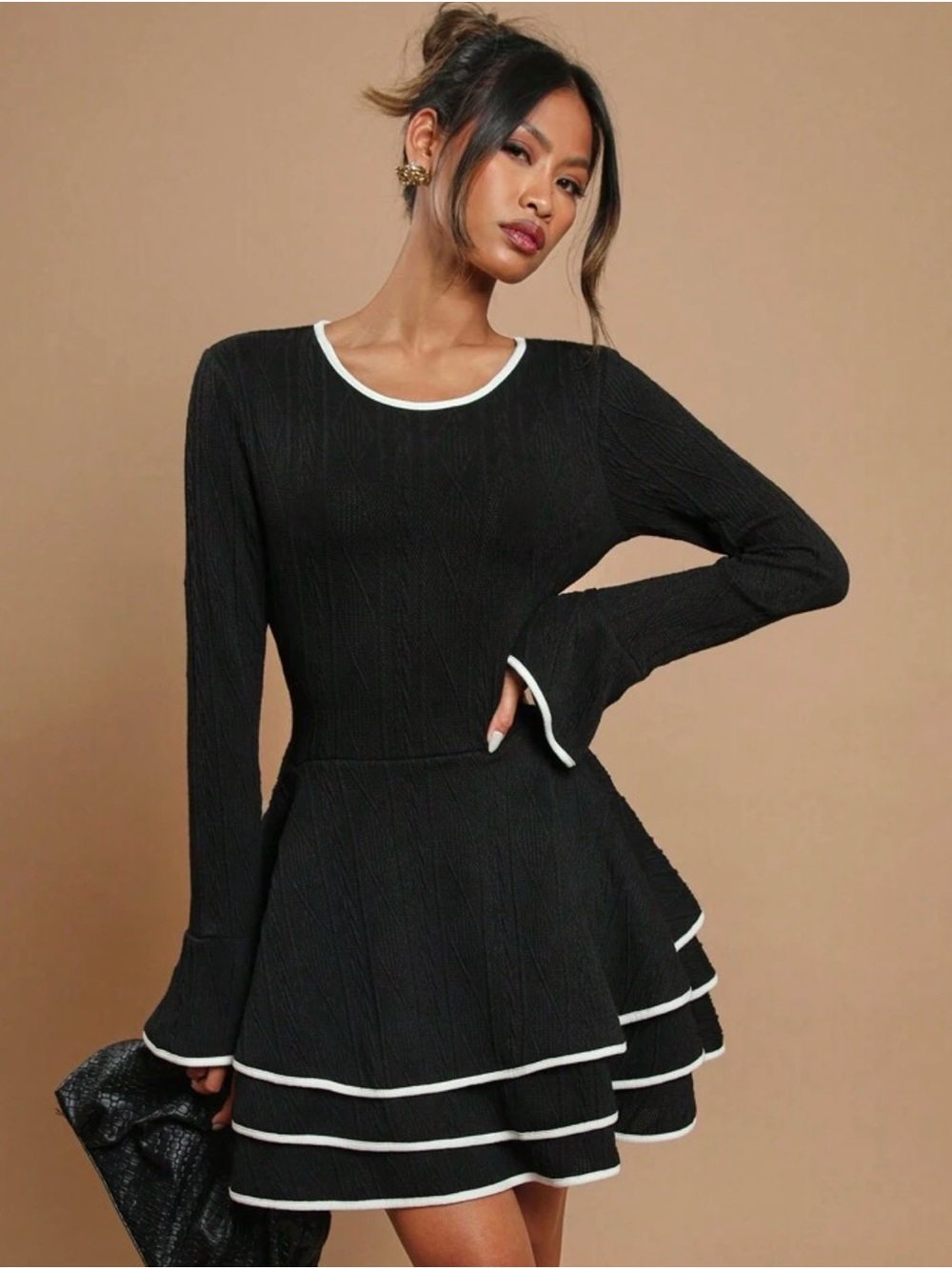 Black Long-Sleeve Light Sweater Material Tiered RuffSkater Dress with White Trim